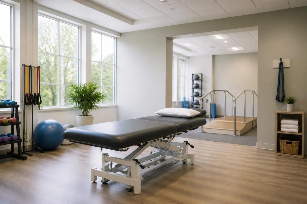 Bright modern physical therapy clinic with a clean treatment table and rehab equipment