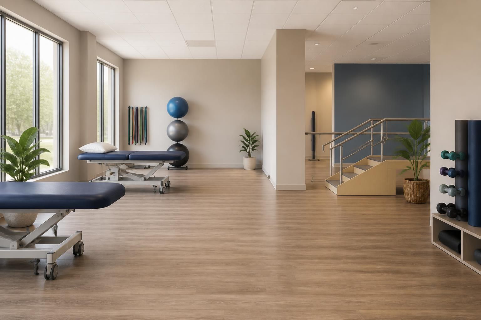 Calm physical therapy clinic with open space and soft natural light