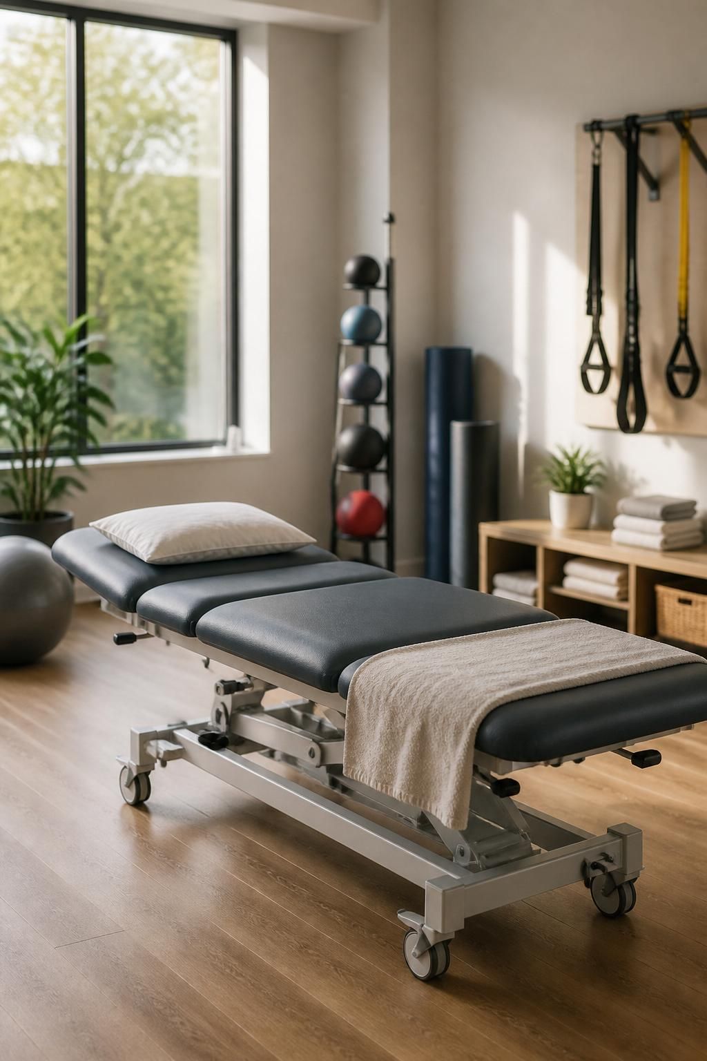 Inviting rehabilitation room with treatment table and exercise area